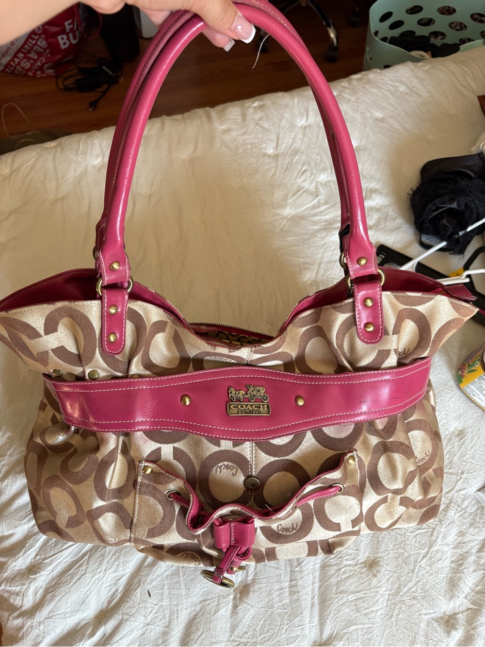 Coach Tan Signature Canvas Shoulder Bag with Pink Trim